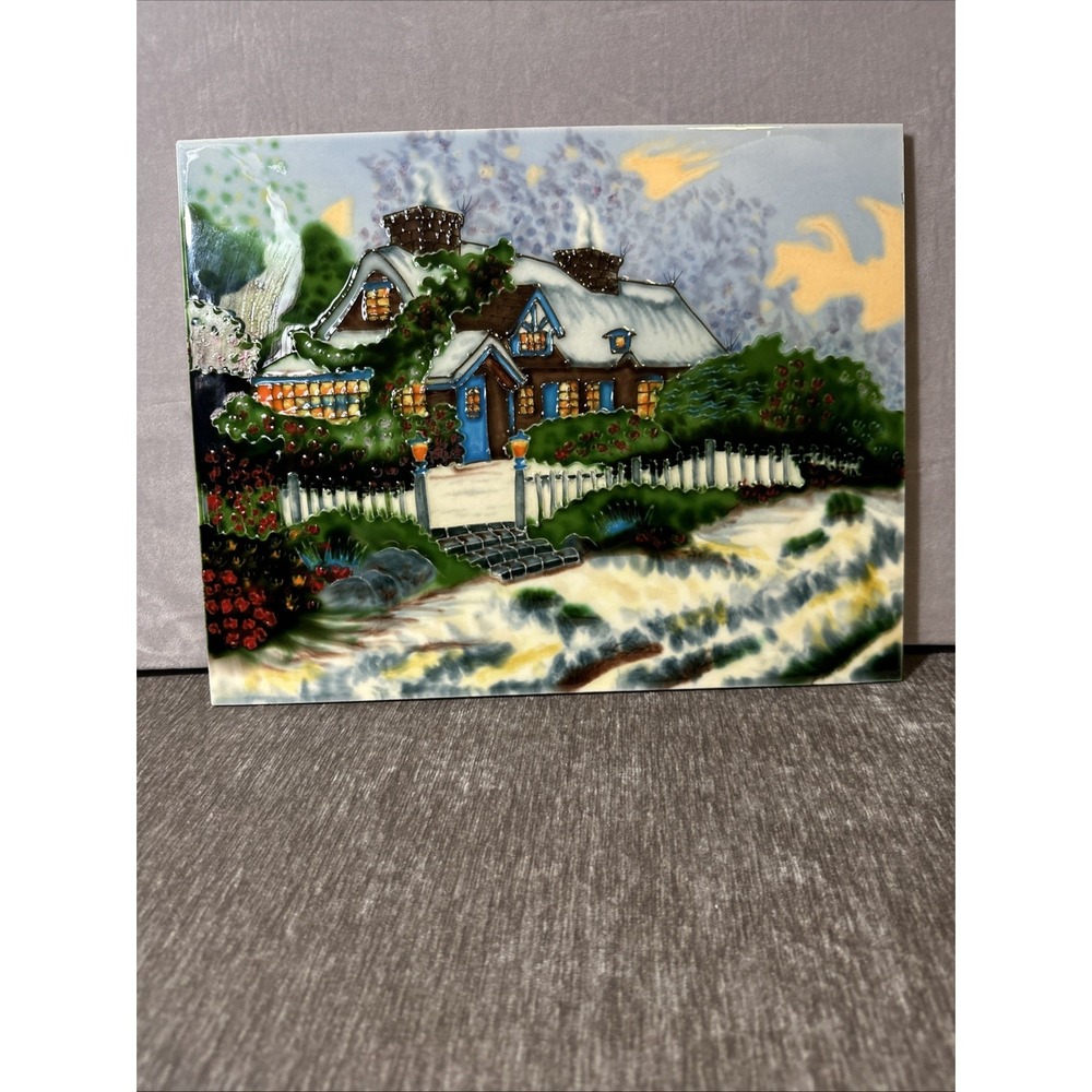 Cottage Scene Large Ceramic Tile Art 14 x 11" Rural Textured Wall Decor Vintage